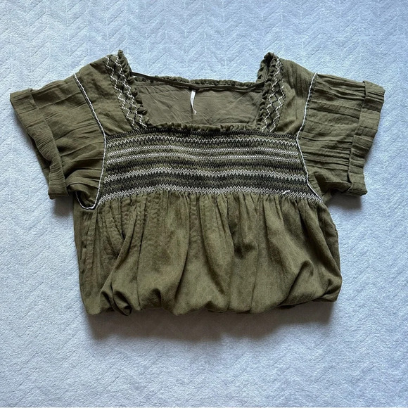 Free People Wandering Skies Smocked Boho Top‎ Green Size XS - Picture 2 of 8